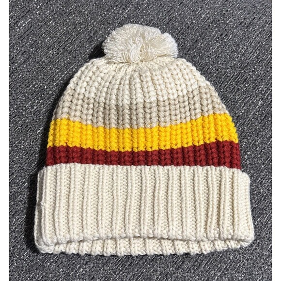Iowa State Cyclones Knit Beanie Cuffed Cream Red Yellow Stripes & Pom Pom On Top - Picture 3 of 4